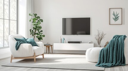 A serene living area features comfortable white chairs and a soft, textured rug, surrounded by greenery. A sleek television hangs on the wall, complementing the minimalist decor and bright ambiance.