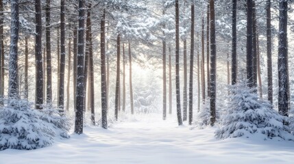 Fototapeta premium Snow-covered pine trees glisten in winter, with beautiful sunlight streaming through the branches.