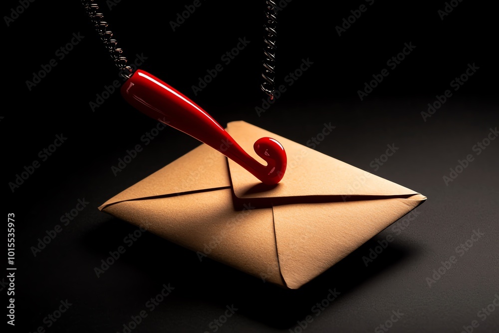 Aufkleber clean design showing an email envelope being hooked, representing phishing, with minimalist shadows 