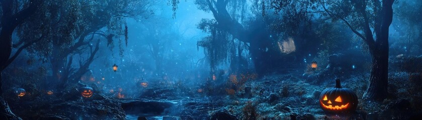 Obraz premium A spooky, enchanting Halloween forest scene with glowing pumpkins and a mysterious blue atmosphere.