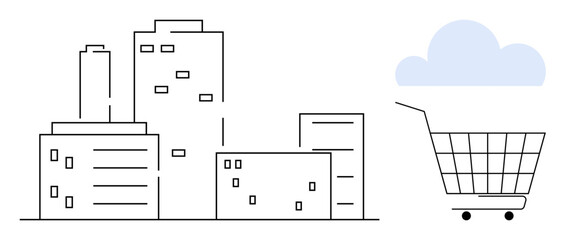 City skyline with tall buildings and a shopping cart below a cloud. Ideal for urban development, online shopping, retail, e-commerce, and city planning. Simple and minimal line art style