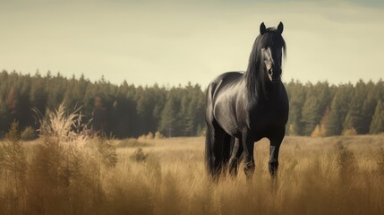 Majestic Black Horse in Sunlit Autumn Meadow