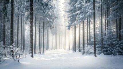 Naklejka premium Snow-covered pine trees sparkle in the winter sun, creating a breathtaking winter wonderland.