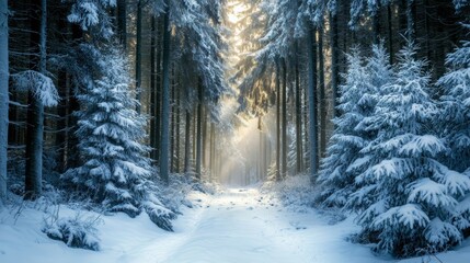 Snowy pine forest with dense trees covered in snow, the scene illuminated by soft winter light filtering through the canopy --ar 16:9 --v 6.1 Job ID: 7175cc22-32ba-4593-9ba8-809767d8869f