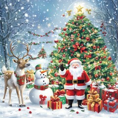 Festive Christmas scene with Santa Claus, a snowman, reindeer, and decorated tree surrounded by gifts on a snowy winter day.
