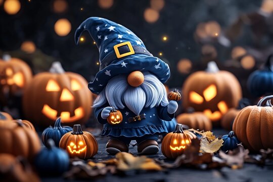 3D model of a gnome trick-or-treating at a Halloween festival with glowing pumpkins and digital effects, showcasing a detailed and immersive digital representation of a gnome Halloween