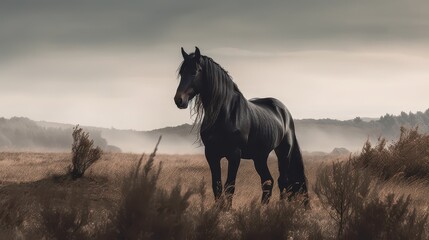 Majestic Black Horse in the Open Field