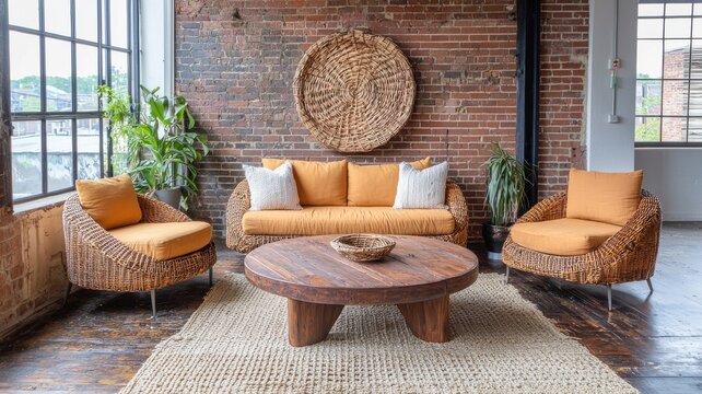 Modern living room with stylish furniture and warm tones, cozy atmosphere.