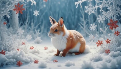 Obraz premium Rabbit and fox photo in snowy winter landscape