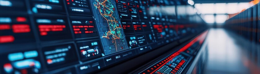 Holographic interface showing delivery data, tracking live vehicles on a map projected above a warehouse control center, logistics control, AI-powered delivery system