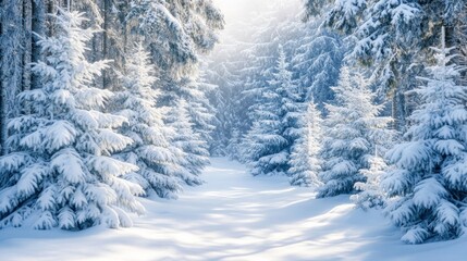 Snow-covered pine trees sparkle in the winter sun, creating a breathtaking winter wonderland.
