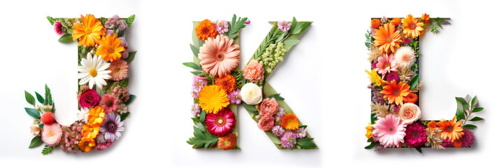 Letters J, K, L. Alphabet Made of Beautiful Floral Ornaments with Leaves and Flowers.
