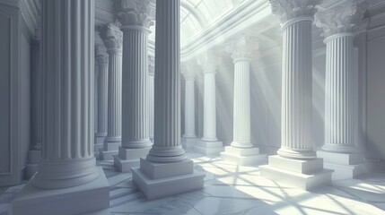Obraz premium Elegant, towering classical columns stand in a sunlit hall, casting long shadows on the polished floor. The serene and grand architectural scene evokes ancient beauty and timeless design.