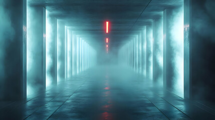 3D Illustration of a Foggy Hallway with Red Lights
