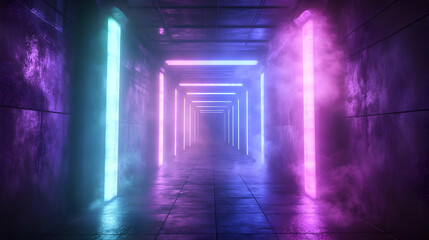 Neon Lights in Foggy Tunnel 3D Illustration