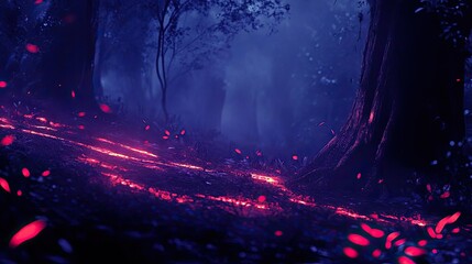 A magical forest scene featuring glowing embers and mist, creating an enchanting atmosphere in vibrant purple hues.