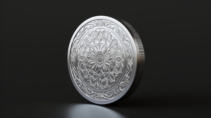 A beautifully detailed silver coin featuring a floral mandala pattern is displayed against a dark backdrop. The intricate design highlights its craftsmanship, making it a perfect symbol of elegance