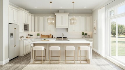 Fototapeta premium A spacious kitchen features sleek white cabinetry, an inviting central island with seating, and large windows that fill the space with natural light, perfect for family gatherings.