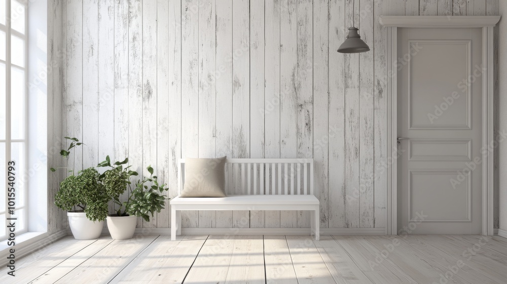 Poster natural light floods a minimalist room featuring white wooden walls and a simple bench. potted plant