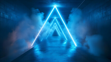 Blue Neon Triangle Lights in Smoke Filled Corridor 3D Illustration