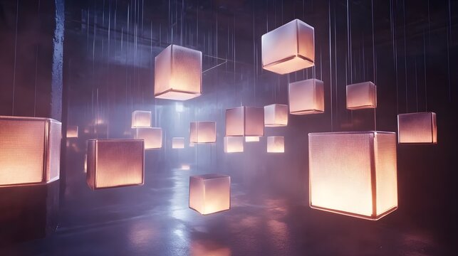 An imaginative scene featuring luminous geometric forms floating in an enigmatic dark environment, creating a striking visual effect that embodies innovation and modern design aesthetics. 