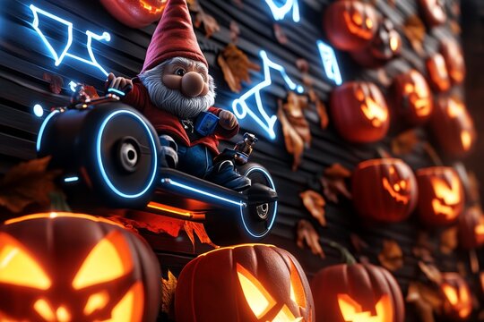 Futuristic scene of gnomes flying on hoverboards at a Halloween festival with neon lights and digital jack-o&acirc;&euro;&trade;-lanterns, symbolizing a high-tech twist on Halloween
