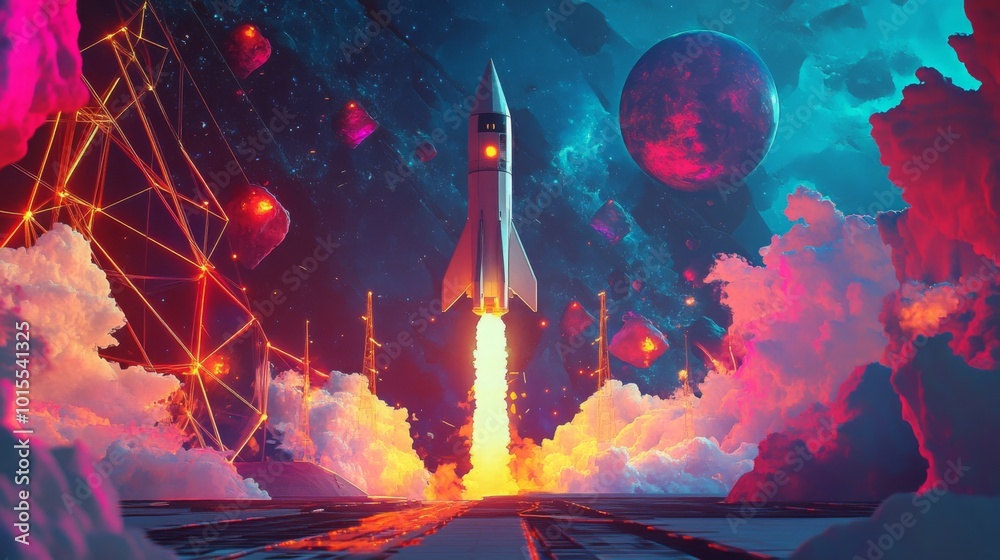 Poster a rocket ascends into the vibrant cosmos, surrounded by colorful clouds, planets, and abstract shape