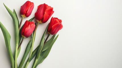 Fototapeta premium Vibrant red tulips arranged on minimalist white background in natural light