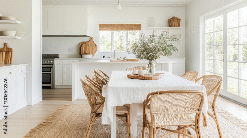 Aufkleber The dining area showcases a large, rustic table surrounded by wicker chairs, illuminated by natural light from large windows. Fresh greenery in a vase adds a touch of nature to the space.