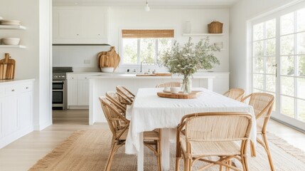 The dining area showcases a large, rustic table surrounded by wicker chairs, illuminated by natural light from large windows. Fresh greenery in a vase adds a touch of nature to the space.