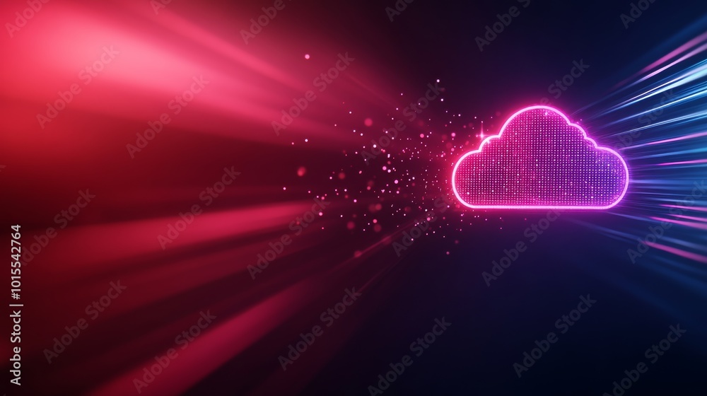 Poster a neon cloud icon shines brightly with red and blue lines in a dark, gradient background. digital pa