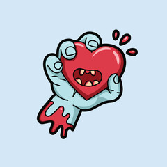 A cartoon zombie hand holds a red, fanged heart with blood dripping from its fingers.