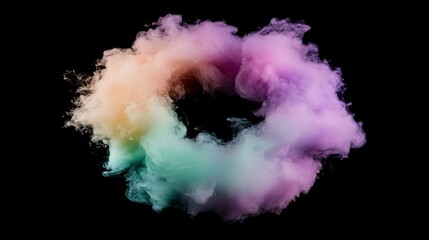 A dense swirl of purple, pink, and green smoke creates a captivating ring shape. The bright white center draws attention, set against a stark black backdrop
