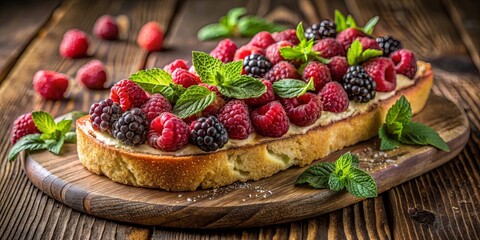 A Rustic Toast Topped with Creamy Spread, Scattered with Bright Red Raspberries and Dark Blackberries, Adorned with Fresh Mint Leaves and Presented on a Wooden Cutting Board.