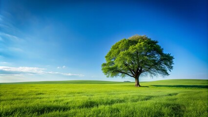 Obraz premium A solitary tree stands tall in a field of verdant grass, its branches reaching towards a clear blue sky, punctuated by wispy white clouds.
