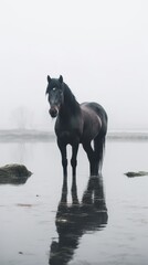 Majestic Black Horse Standing Alone on Misty Terrain