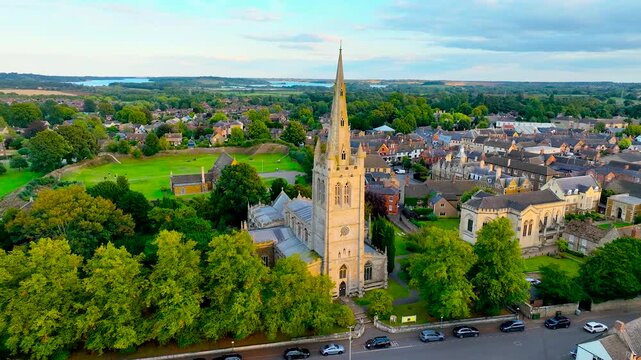 Aerial view of All saint church in Oakham, a market town and civil parish in Rutland in the East Midlands of England, UK
