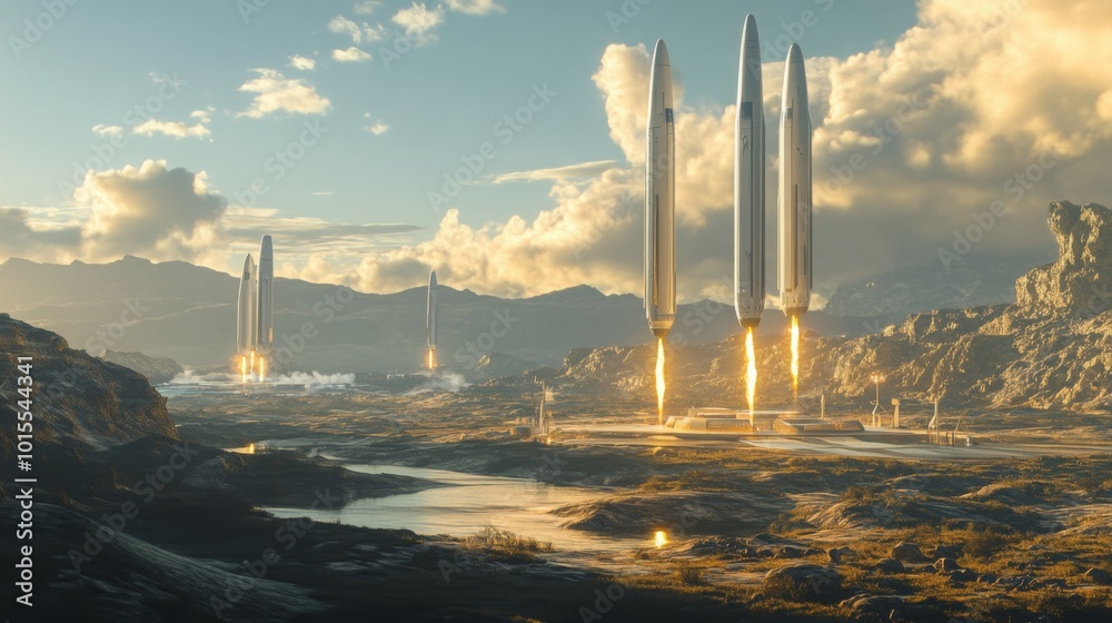 Aufkleber Powerful rockets ascend from a barren landscape, leaving trails of fire and smoke against a backdrop of distinctive clouds. This conveys a moment of technological advancement in space exploration.