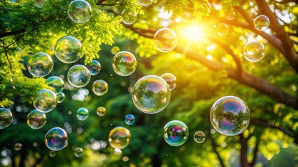Sunlight Filtering Through a Canopy of Leaves Illuminates a Dance of Bubbles, Capturing the Ephemeral Beauty of a Summer Day