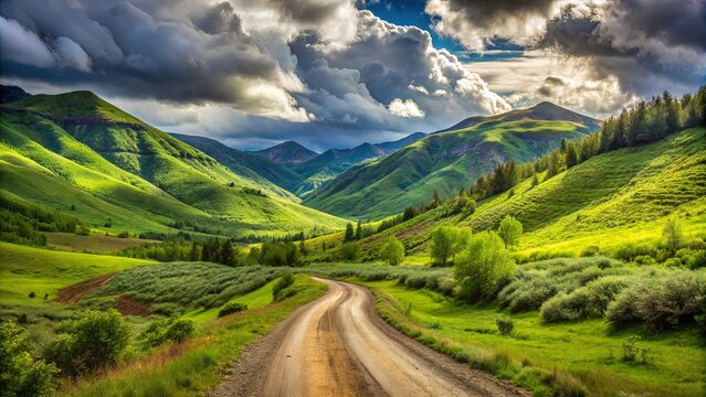 A winding dirt road meanders through a valley surrounded by rolling green hills, with a dramatic sky filled with clouds casting shadows on the lush landscape.