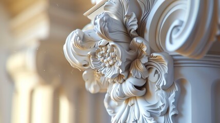 A detailed view of a classical column adorned with intricate floral carvings, highlighting the fine craftsmanship. The ornate details and soft lighting bring out the elegance of this timeless