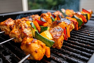 Person grilling chicken kebabs with vegetables, showcasing a high-protein diet-friendly BBQ option