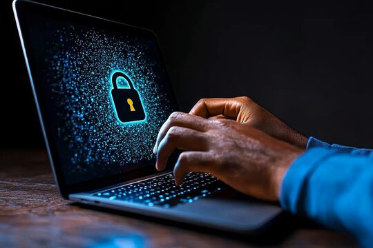 Person entering a complex password on a laptop, with a padlock symbol on the screen, representing strong password practices for information security