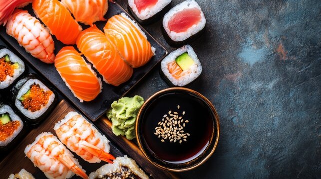 Fresh Sushi Platter with Assorted Rolls and Sauces