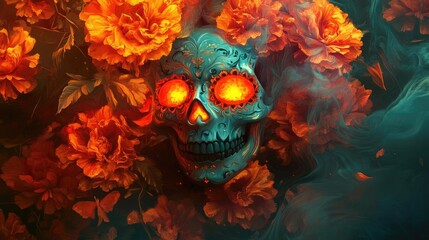 A vibrant skull surrounded by fiery orange flowers, evoking themes of life, death, and celebration in a surreal atmosphere.