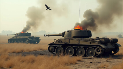 Fototapeta premium Burnt-out tank carcasses scattered across a barren field, with smoke still rising from the wreckage and vultures circling overhead.
