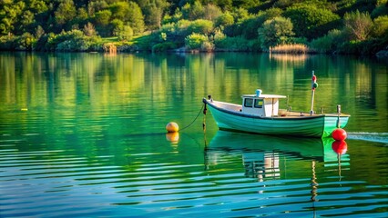 Obraz premium A Single Boat Quietly Anchored in a Still Green Lake, Reflecting a Calm Serenity and Tranquility