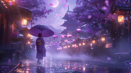 japanese anime scene, a girl in a kimono walks through misty ancient streets holding a japanese umbrella, surrounded by glowing purple lanterns and cherry blossoms under a moonlit sky this vivid