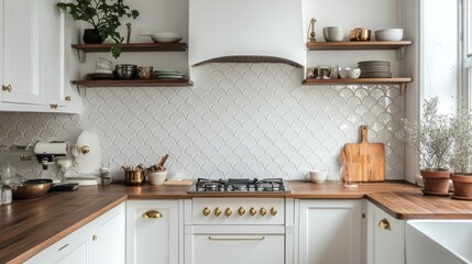 A cozy kitchen showcases white cabinetry, wooden countertops, and open shelving adorned with ceramic dishware and plants