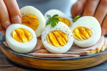 Realistic depiction of a person snacking on hard-boiled eggs and turkey slices, symbolizing a quick high-protein diet snack